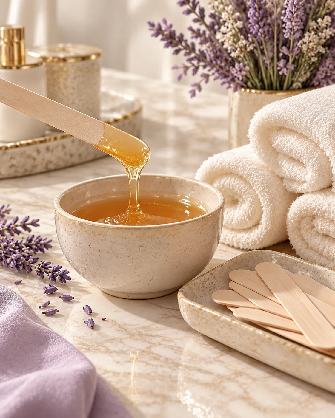 Editorial still life of waxing supplies, ivory towels and lavender botanical accents